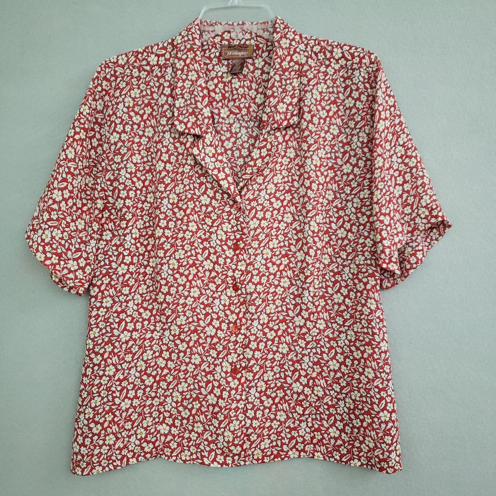 Vintage Worthington 16P Blouse Red Floral Short Sleeve Button Up Cottagecore
